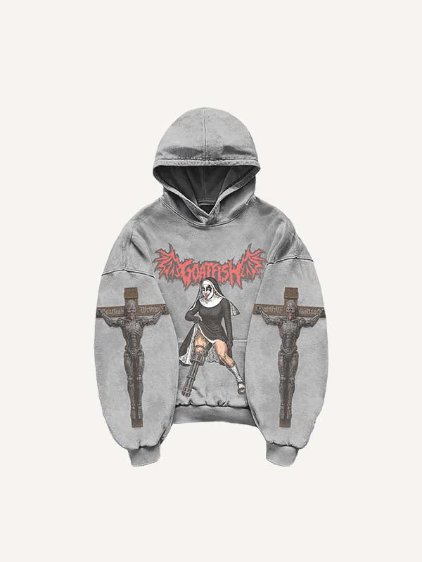 Figure&Demon&Cross&Letter Print Slant Pockets Hoodie