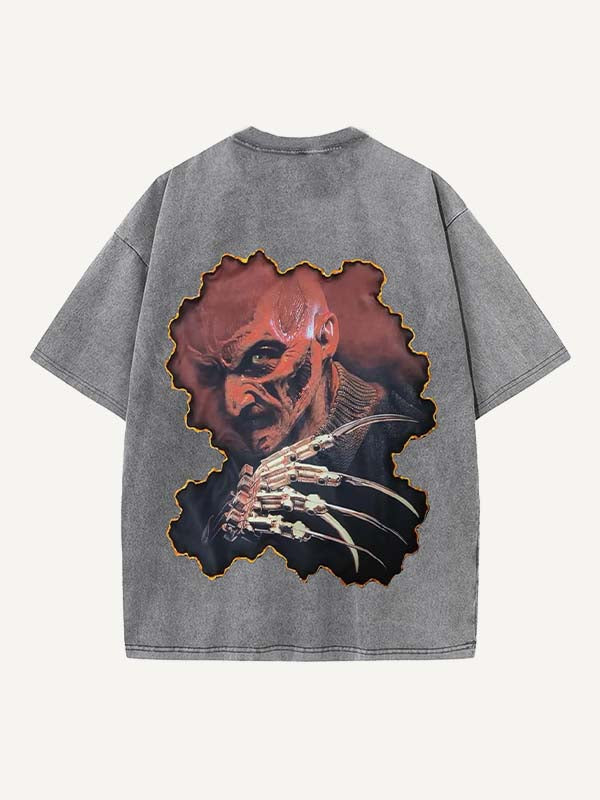 Distressed Washed Horror Print Round Neck T-shirt