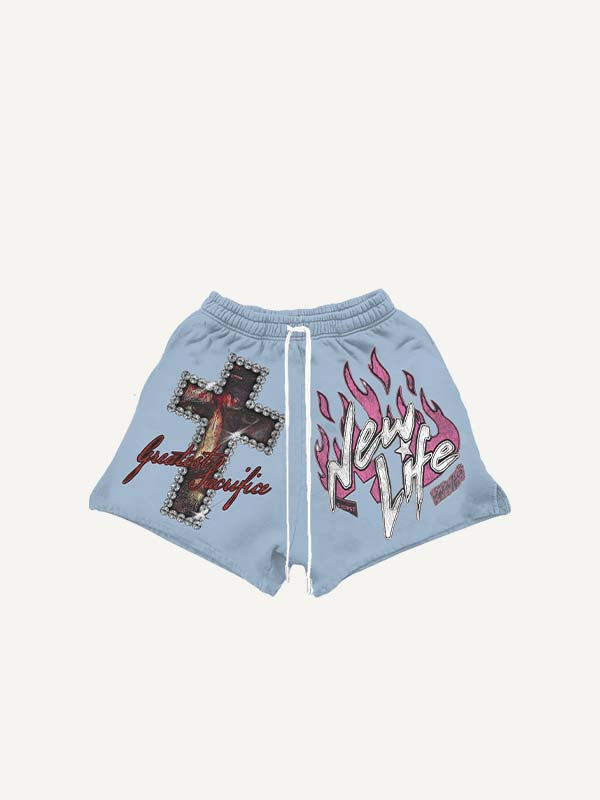 Jesus&Cross&Letter Print Drawstring Waist Shorts