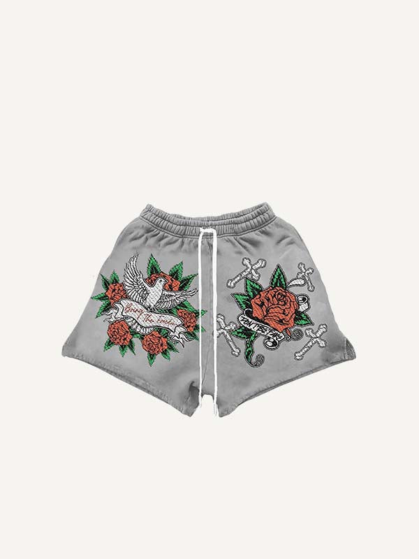 Cross&Rose&Pigeon Print Drawstring Waist Shorts