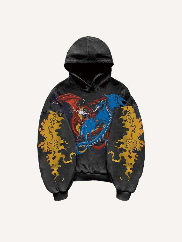Dragon Print Slant Pockets Hoodie