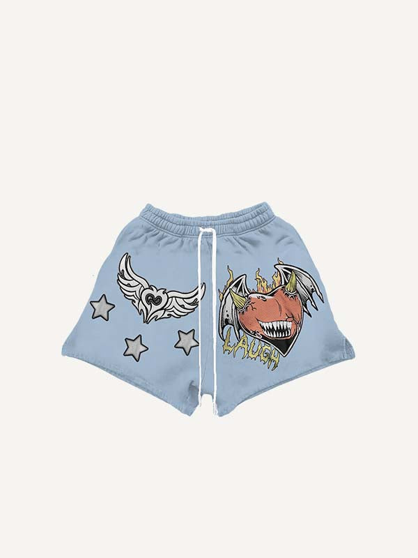 Demon Heart&Wing&Star Print Drawstring Waist Shorts