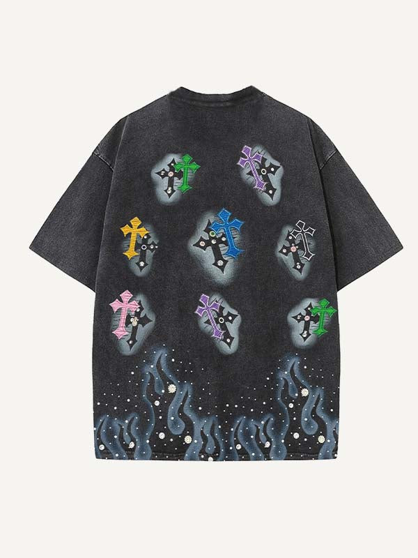 Distressed Washed Cross&Fire&Letter&Graphic Print Round Neck T-shirt