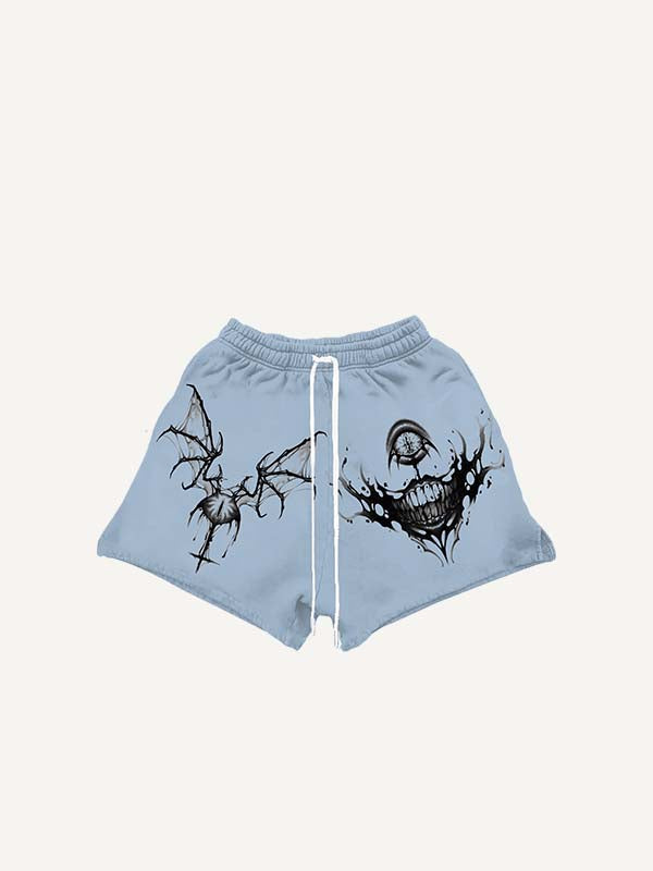 Eye&Mouth&Wing Print Drawstring Waist Shorts