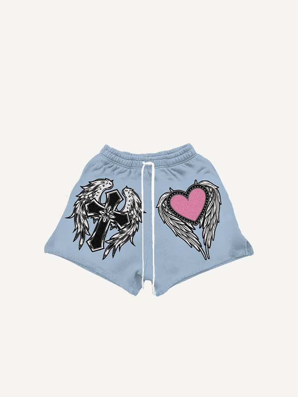 Cross&Wing&Heart Print Drawstring Waist Shorts