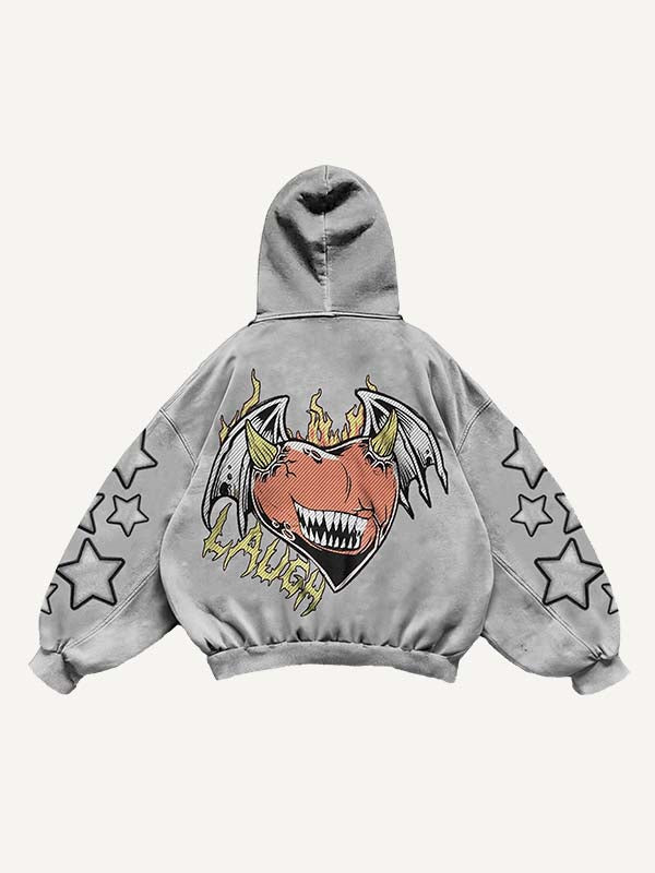 Demon Heart&Wing&Star Print Slant Pockets Hoodie