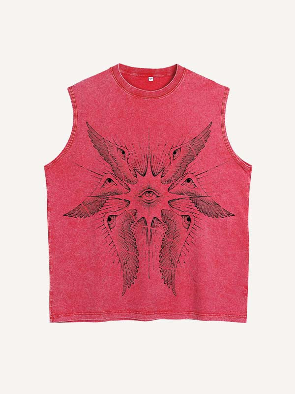 Distressed Washed Wing&Eye&Graphic Print Round Neck Tank