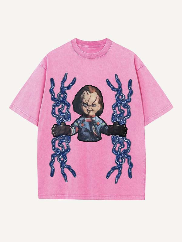 Distressed Washed Horror Print Round Neck T-shirt