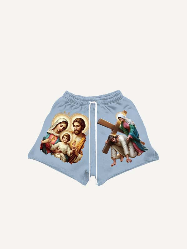 Mary&Jesus&Cross Print Drawstring Waist Shorts