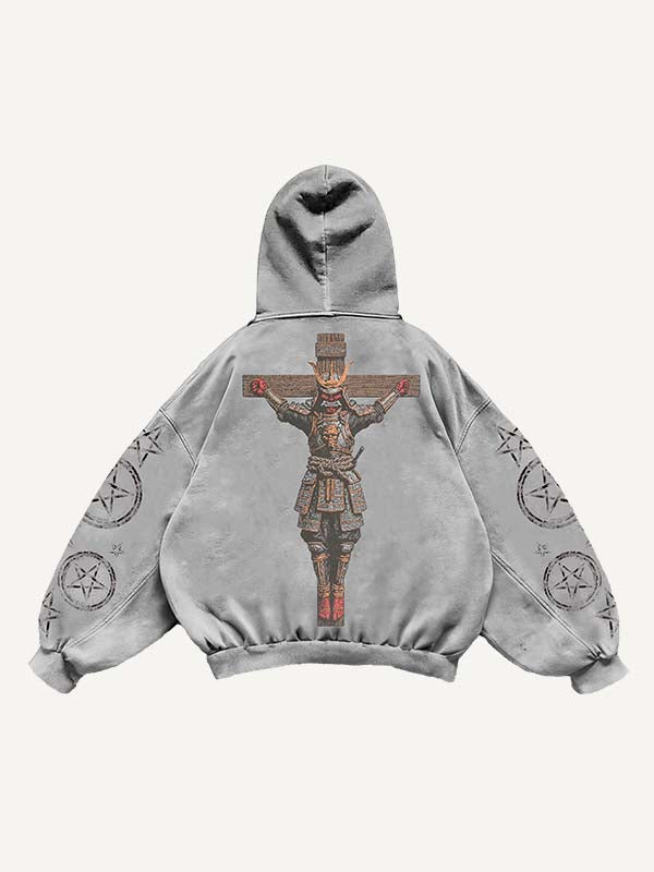 Warrior&Cross&Star Print Slant Pockets Hoodie