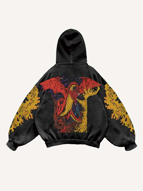 Dragon Print Slant Pockets Hoodie