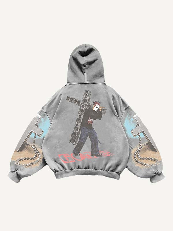 Figure&Tongue&Cross&Letter Print Slant Pockets Hoodie
