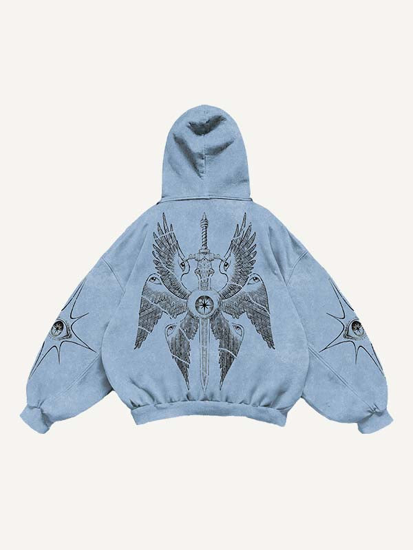 Wing&Eye&Graphic&Sword Print Slant Pockets Hoodie