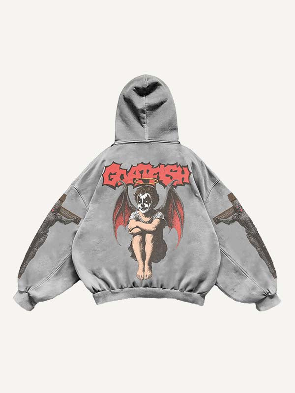 Figure&Demon&Cross&Letter Print Slant Pockets Hoodie