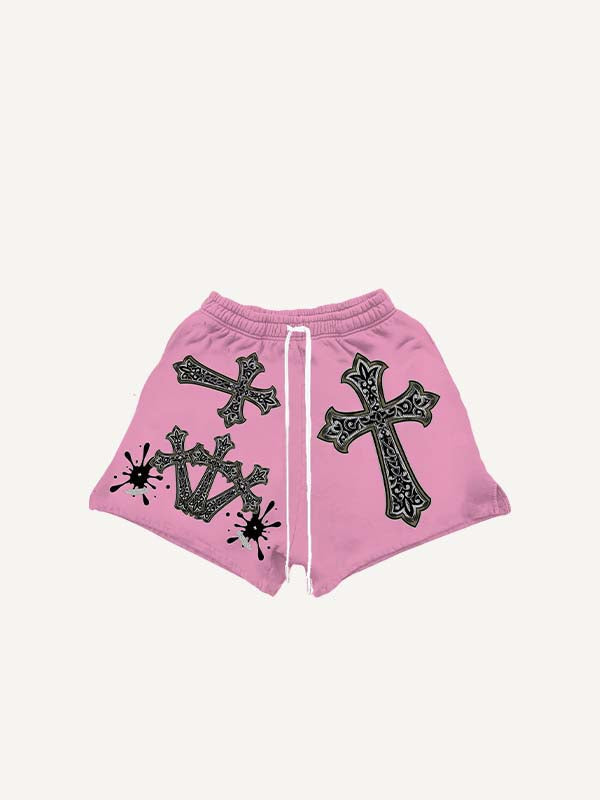 Cross Print Drawstring Waist Shorts