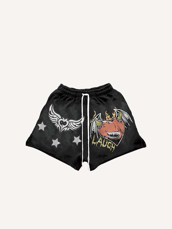 Demon Heart&Wing&Star Print Drawstring Waist Shorts