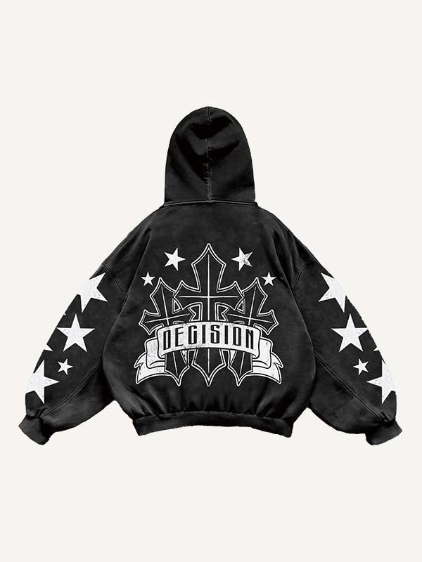 Cross&Wing Print Slant Pockets Hoodie