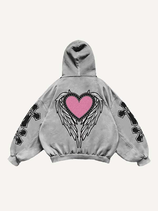 Cross&Wing&Heart Print Slant Pockets Hoodie