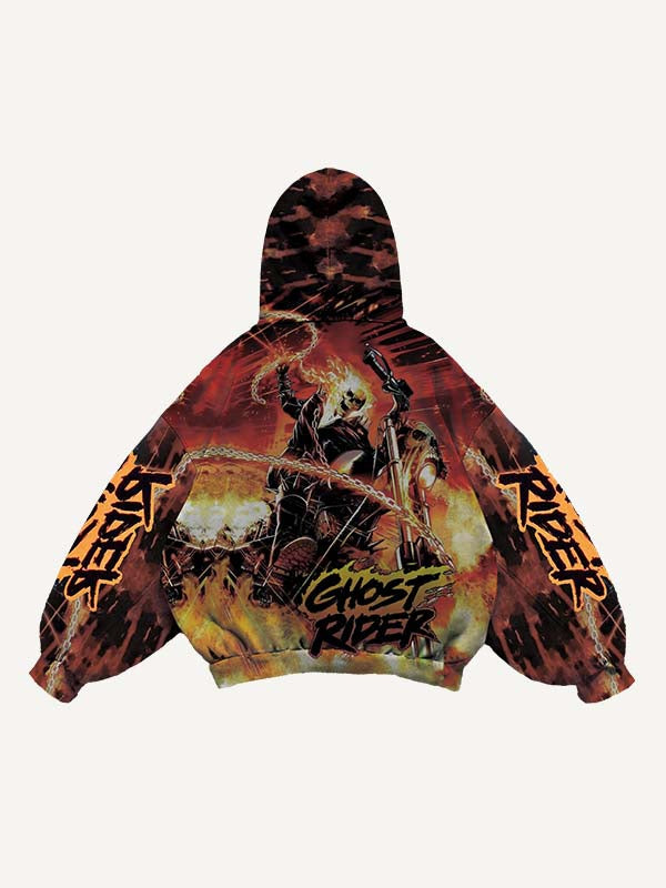 Fire Skeleton&Chain&Motorcycle&Letter Print Slant Pockets Hoodie