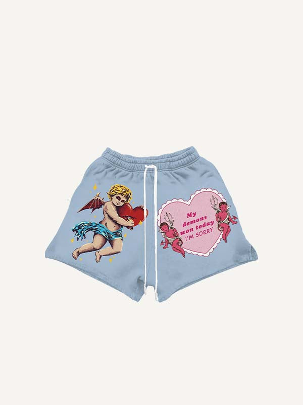 Angel&Devil&Heart&Sword&Letter Print Drawstring Waist Shorts