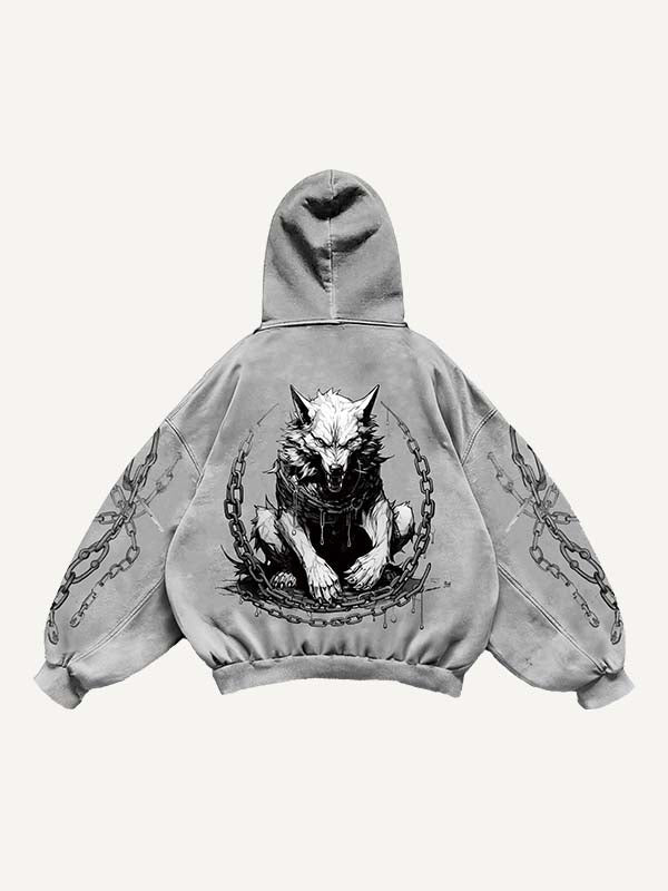 Wolf Print Slant Pockets Hoodie
