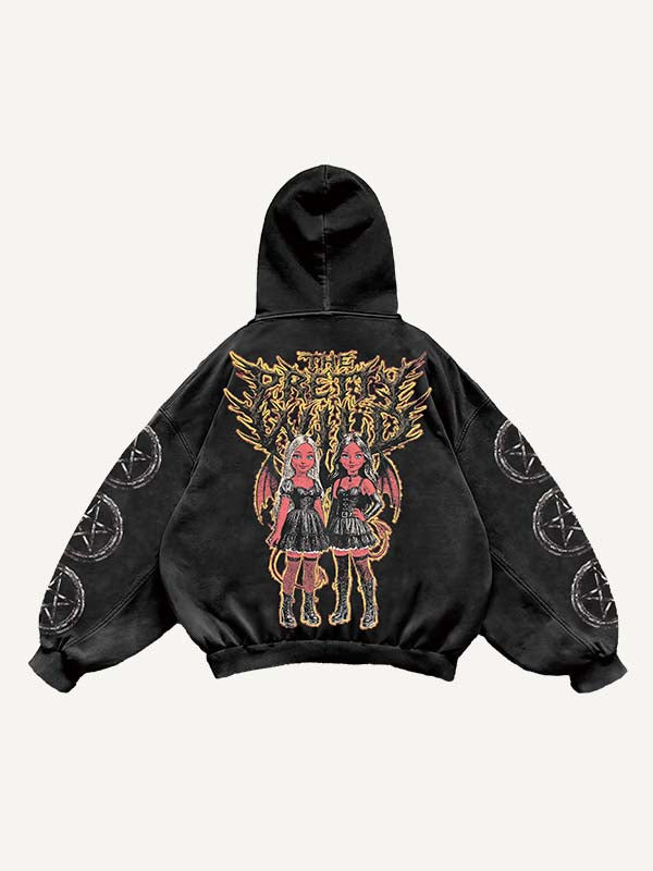 Demon&Letter&Star Print Slant Pockets Hoodie