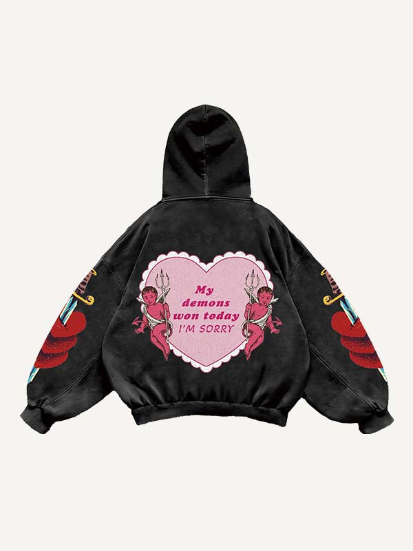 Angel&Devil&Heart&Sword&Letter Print Slant Pockets Hoodie