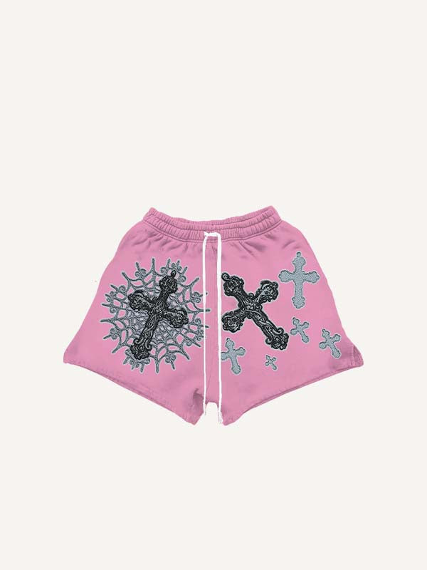 Cross Print Drawstring Waist Shorts