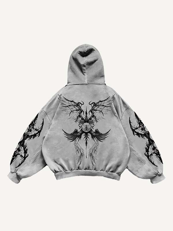 Eyeball&Wing Print Slant Pockets Hoodie