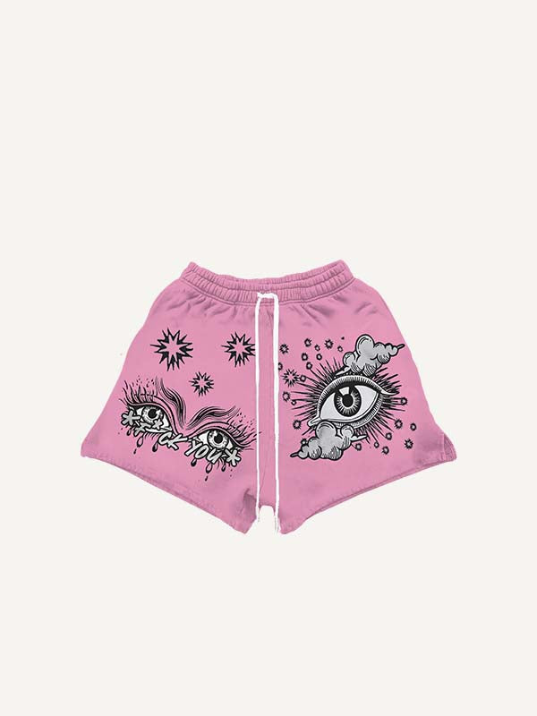 Eye&Cloud&Letter Print Drawstring Waist Shorts