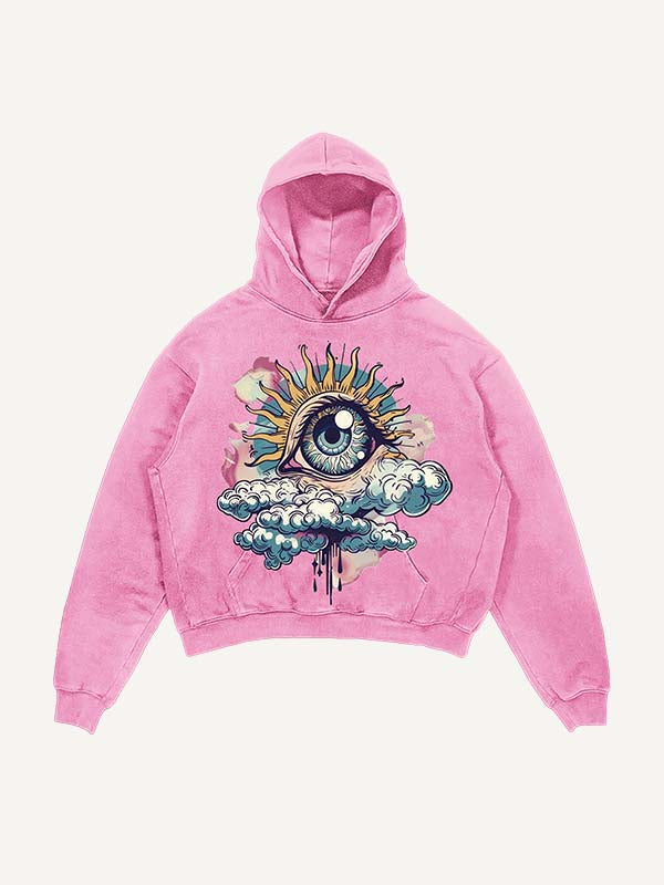 Distressed Washed Eye&Cloud&Moon&Graphic Print Slant Pockets Hoodie