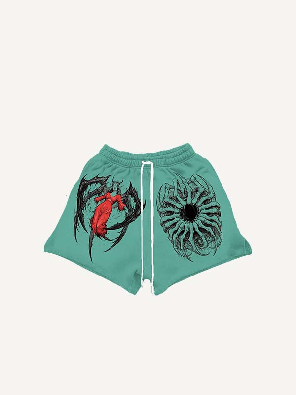 Figure&Graphic Print Drawstring Waist Shorts