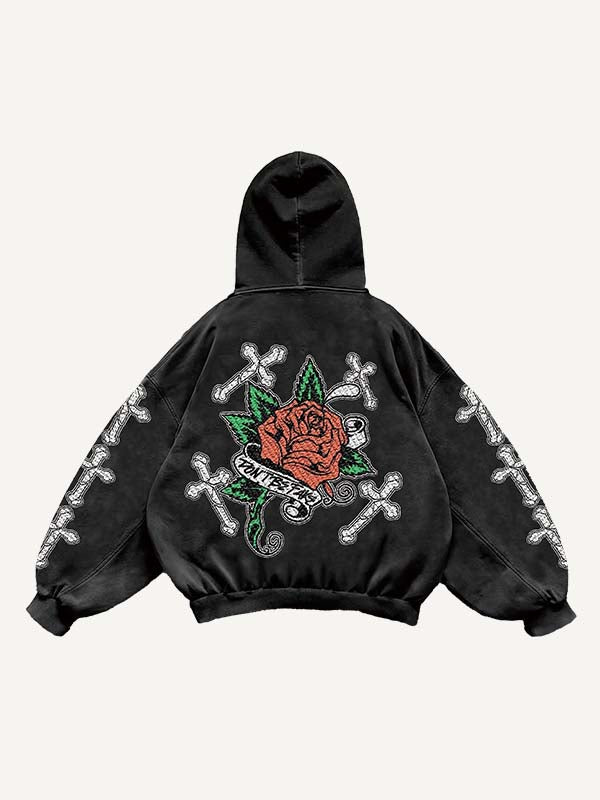 Cross&Rose&Pigeon Print Slant Pockets Hoodie