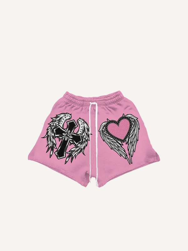 Cross&Wing&Heart Print Drawstring Waist Shorts