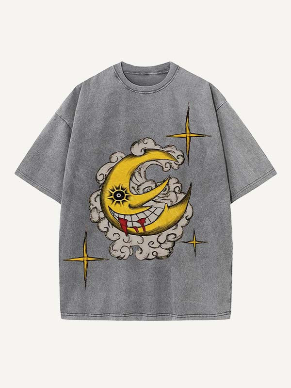 Distressed Washed Evil Moon&Sun&Star&Cloud Print Round Neck T-shirt
