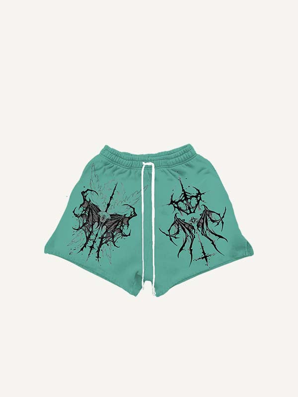 Eyeball&Wing Print Drawstring Waist Shorts