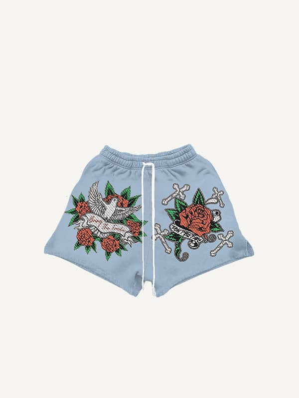 Cross&Rose&Pigeon Print Drawstring Waist Shorts