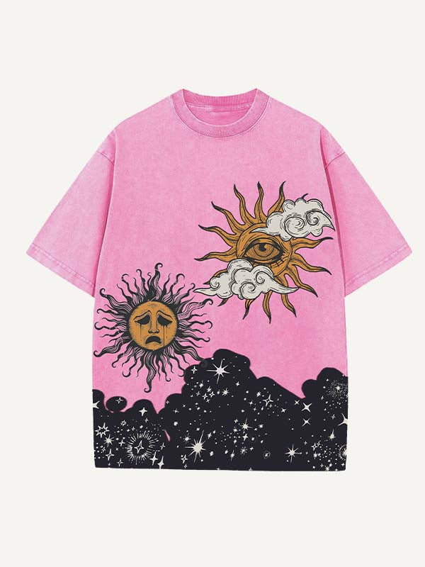 Distressed Washed Sad Sun&Moon&Eye&Cloud&Graphic Print Round Neck T-shirt