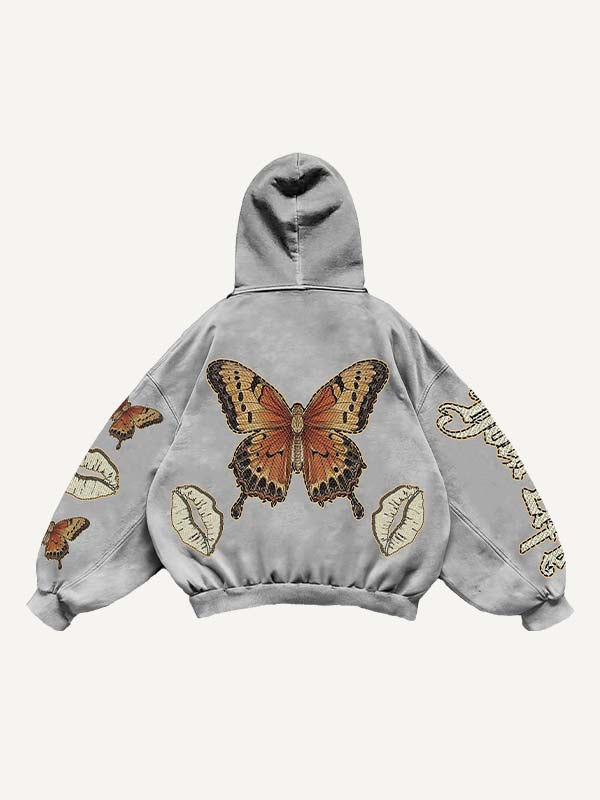 Butterfly&Lips&Letter Print Slant Pockets Hoodie