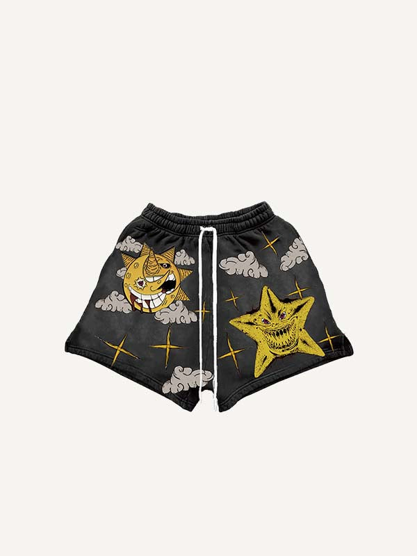 Evil Moon&Sun&Star&Eye&Cloud Print Drawstring Waist Shorts
