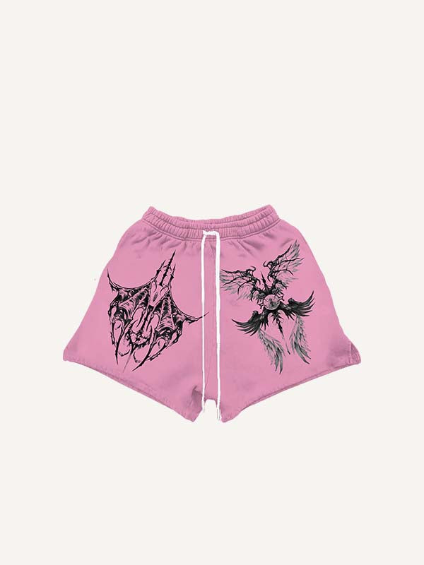 Eyeball&Wing Print Drawstring Waist Shorts