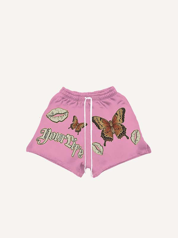 Butterfly&Lips&Letter Print Drawstring Waist Shorts