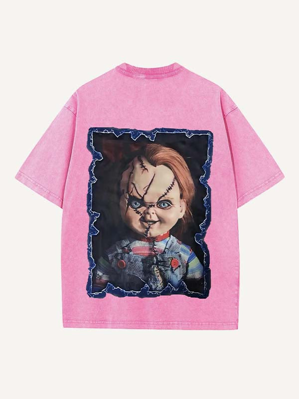 Distressed Washed Horror Print Round Neck T-shirt