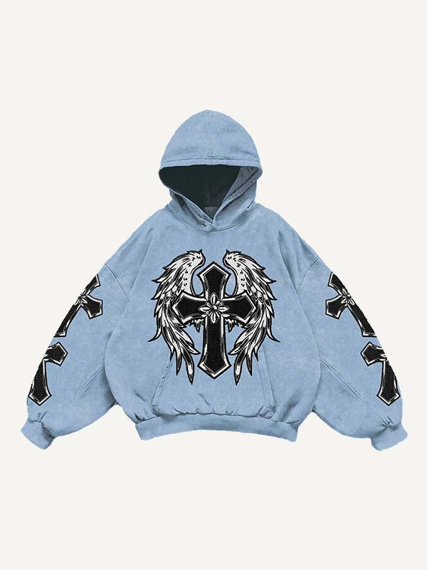 Cross&Wing&Heart Print Slant Pockets Hoodie