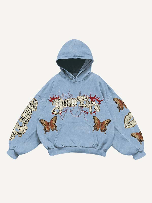 Butterfly&Lips&Letter Print Slant Pockets Hoodie