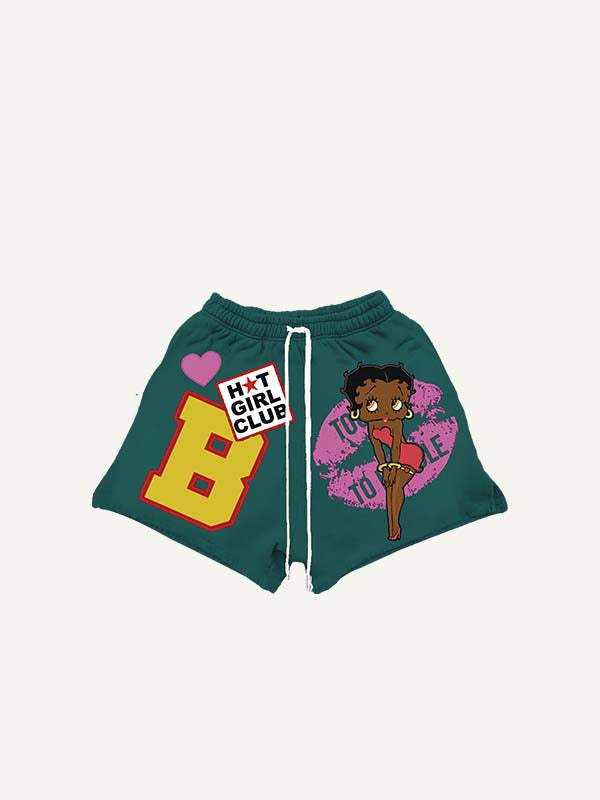 Figure&Lips&Heart&Letter Faux Decal Print Print Drawstring Waist Shorts