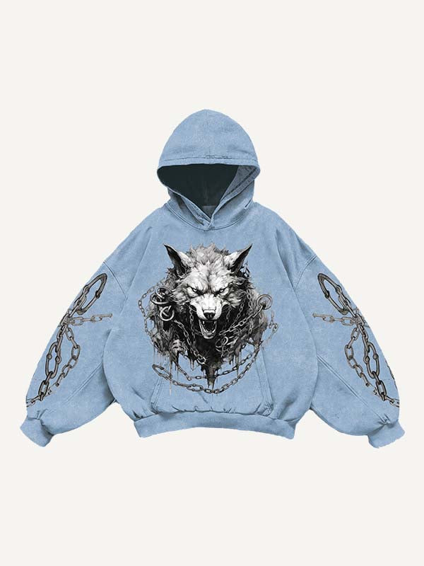 Wolf Print Slant Pockets Hoodie
