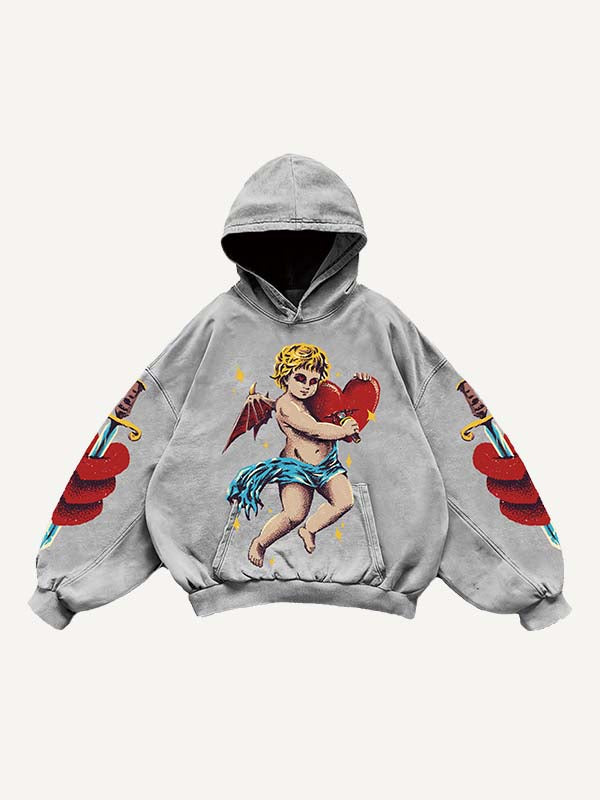 Angel&Devil&Heart&Sword&Letter Print Slant Pockets Hoodie