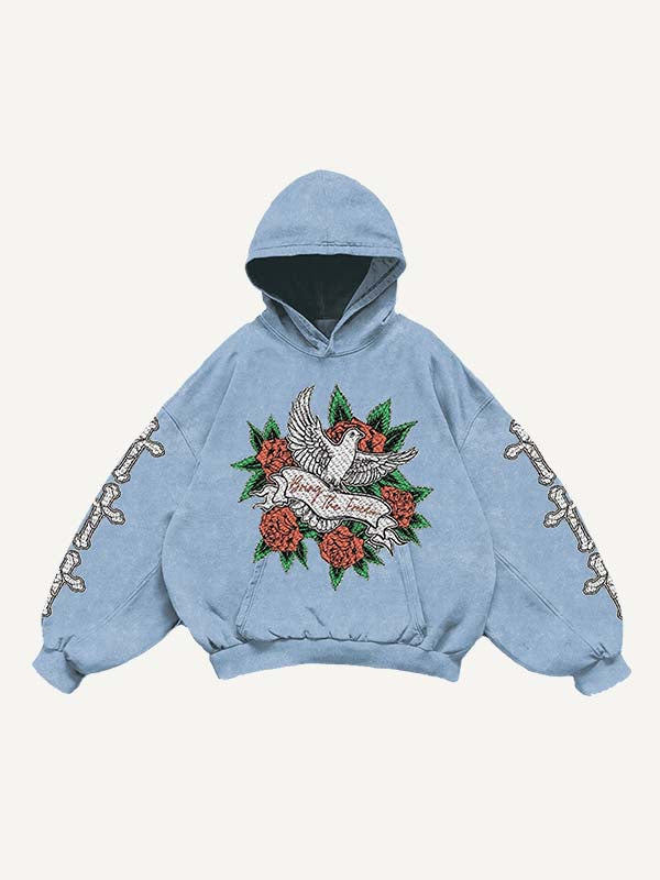Cross&Rose&Pigeon Print Slant Pockets Hoodie
