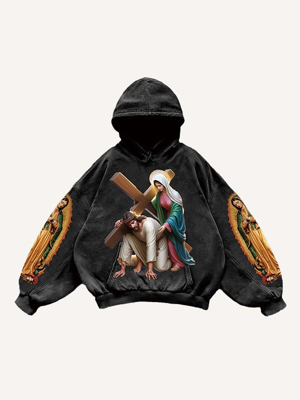 Mary&Jesus&Cross Print Slant Pockets Hoodie